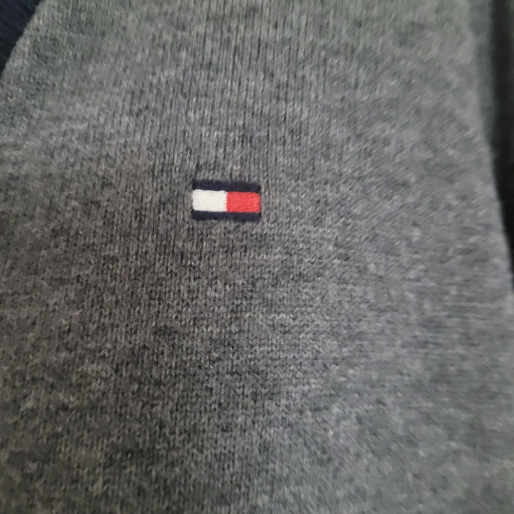 Gray Cardigan with Navy Trim and Yellow Stripes - Picture 4 of 12